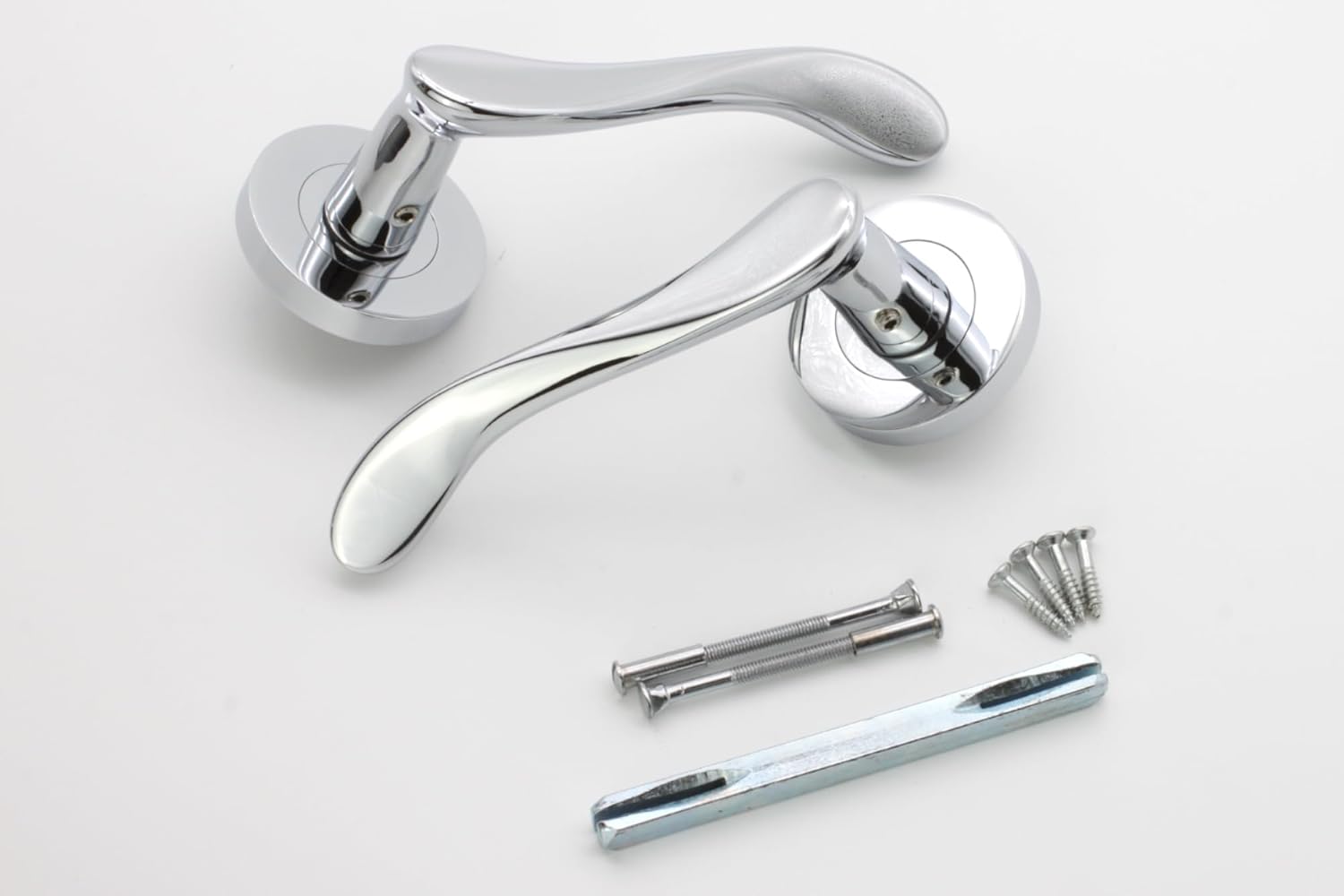 Infinity Decor Rosemarie Polished Chrome Solid Brass Curved Lever on Sprung Rose Latch Door Handles Set - Ideal for Interior & Exterior Doors