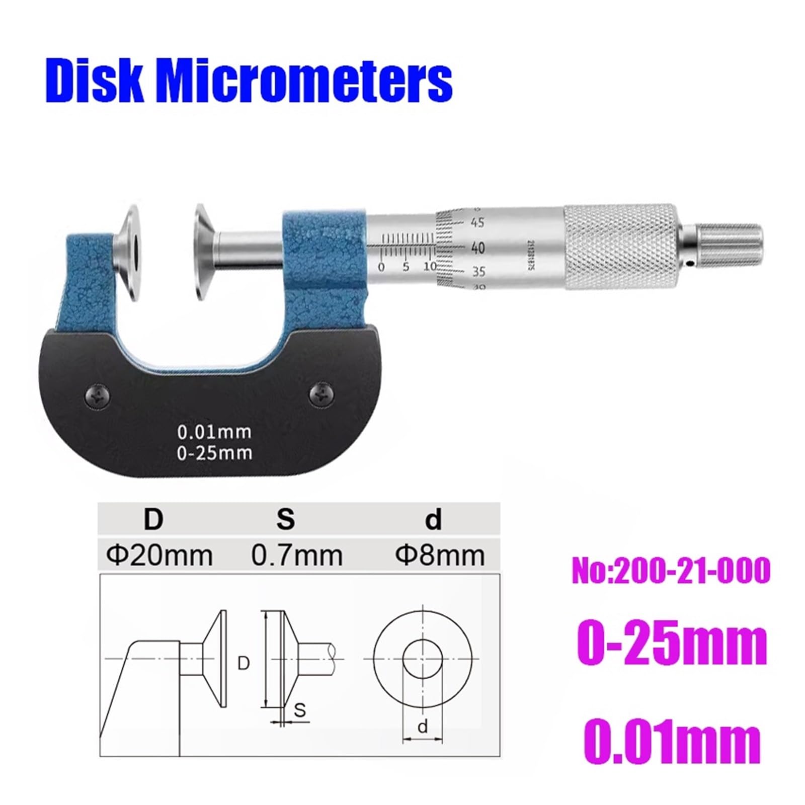 Mikrometr zewnętrzny 0-25 mm 0,01 mm Grubość mikrometrów 25-50 mm 50-75 75-100 100-125 175-200 mm 0,01 (0-25 mm Oś obrotu)