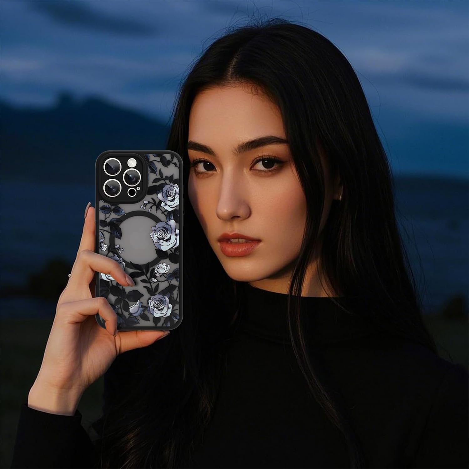 AIGOMARA for iPhone 16 Pro Max Case, Compatible with MagSafe, Cute Rose Flower Pattern with Semi-Transparent Frosted Phone Case for Woman Gilrs Soft TPU and PC Back Protective Slim Phone Cover Black - Image 7