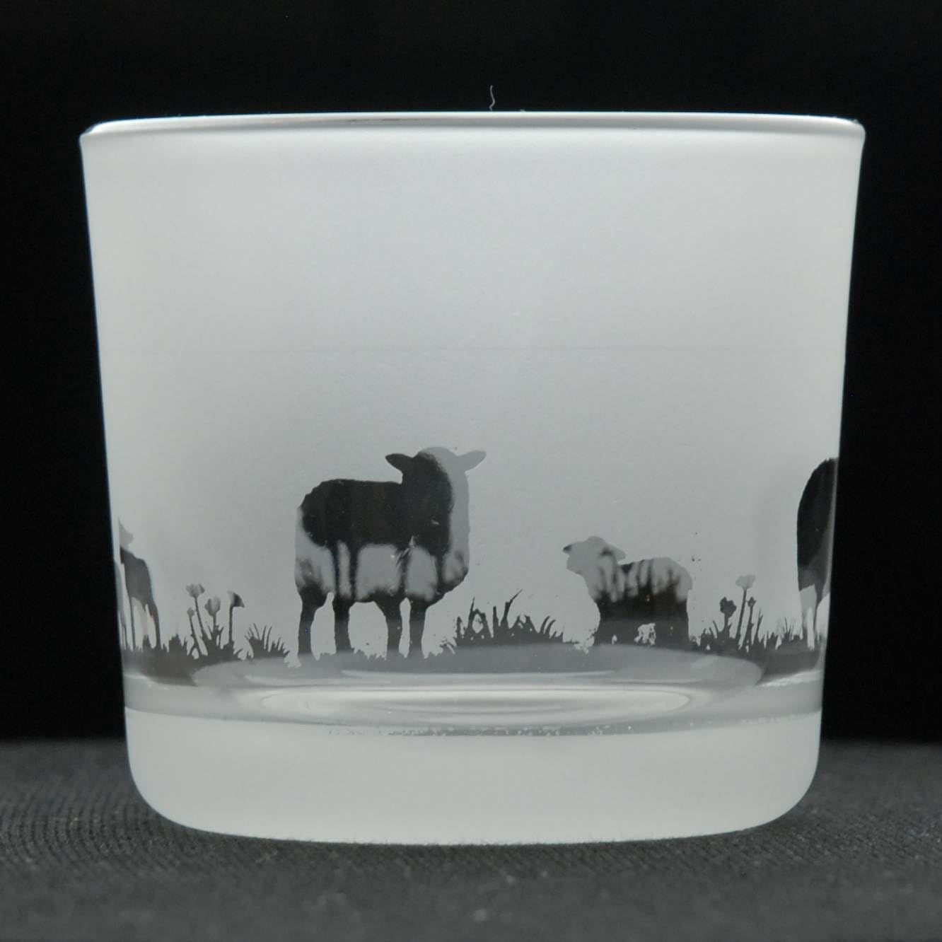 Animo Glass Votive Tea Light Candle Holder, Frosted Etched Glass with Spring Time Lamb Design - Clear Tealight Candleholder for Easter Home Decor Sheep Theme
