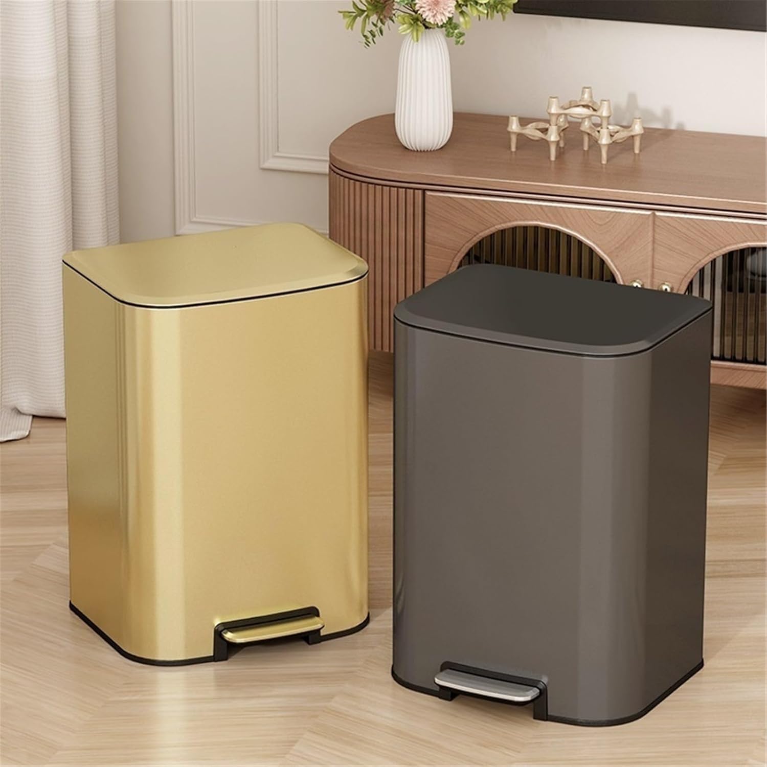 Stainless Steel Step-On Kitchen Trash Can Soft-Close Lid Removable Liner(Gold)