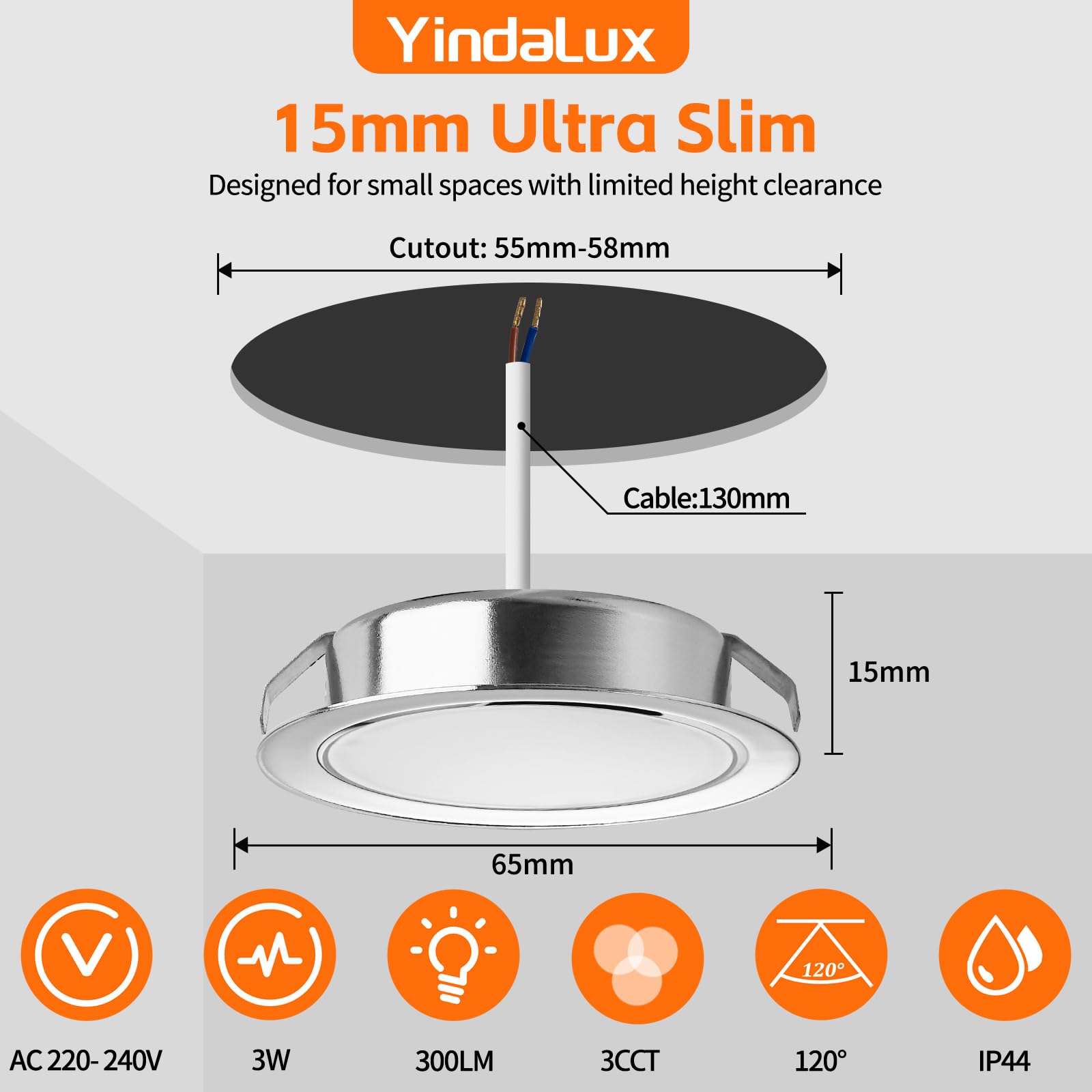 YindaLux Faretto da Incasso LED Set 6 Pezzi, 230V 3W 3000K/4000K/6000K, 15mm Ultrapiatto 300LM Foro 55-58mm, IP44 Soffitto Cromo