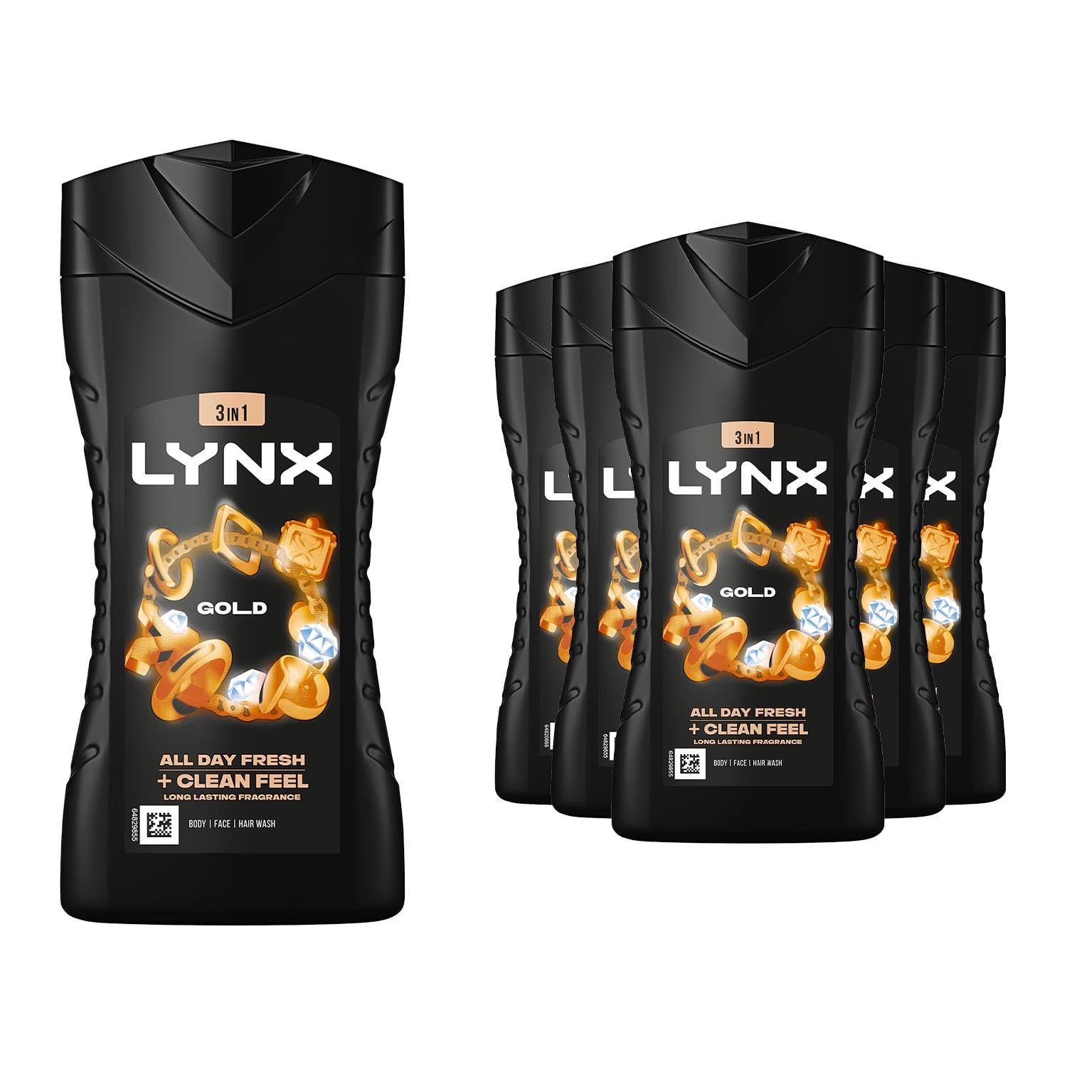 6 Pack of Lynx 12 Hour Refreshing Fragrance Gold Oud Wood and Vanilla Body wash with Plant-based Moisturisers & Dual Action Power, Keep Smelling Irresistible!