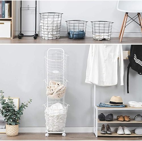 Miniatura 8 de Lomani - Cesta de 3 capas para la colada con ruedas, almacenamiento y organizador de lavandería, cesta de tela, cesta organizadora para ropa