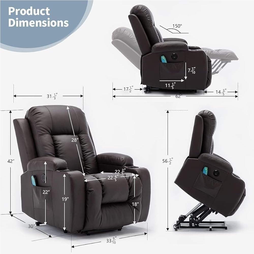 Recliner Sofa Genuine Leather Power Lift Adjustable Recliner Chair Lay Flat Heat Massage Living Room
