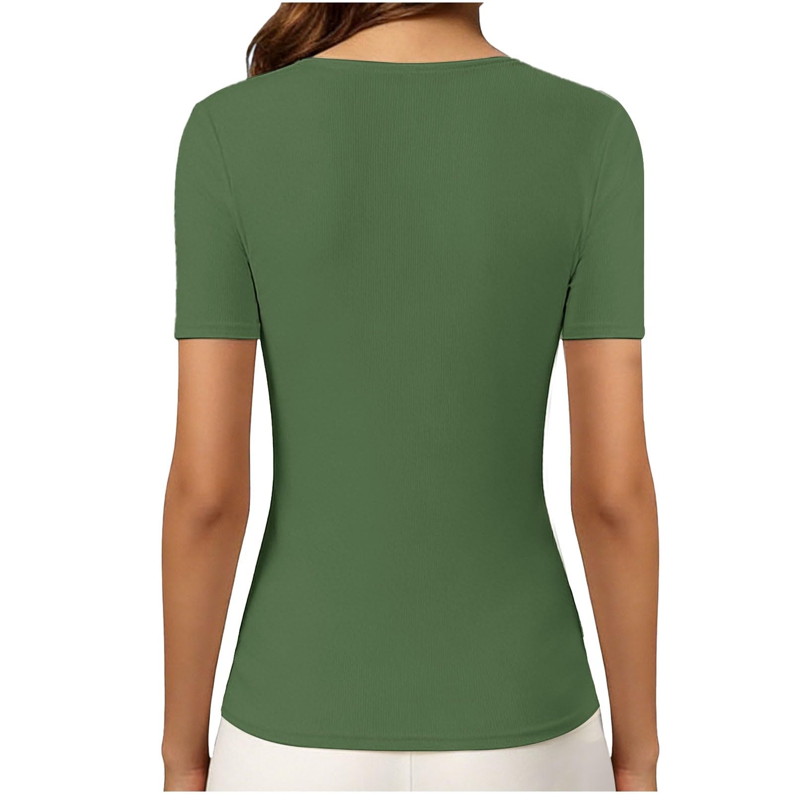 Camiseta para mujer con sujetador integrado sin costuras cuello de pico manga corta acanalada básica ajustada elástica