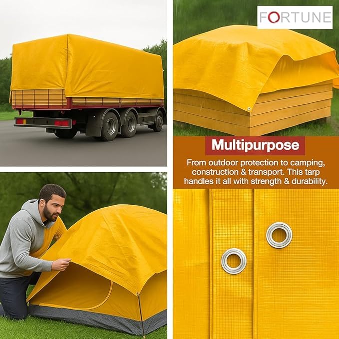 Image of FORTUNE Tarpaulin Sheet Waterproof (24Ft x 24Ft) with 170 GSM, Virgin Material, UV Resistant,Aluminum Eyelets - Laminated, Heavy Duty Tadpatri, Tarpaulin Plastic Sheet for Covering (Yellow)