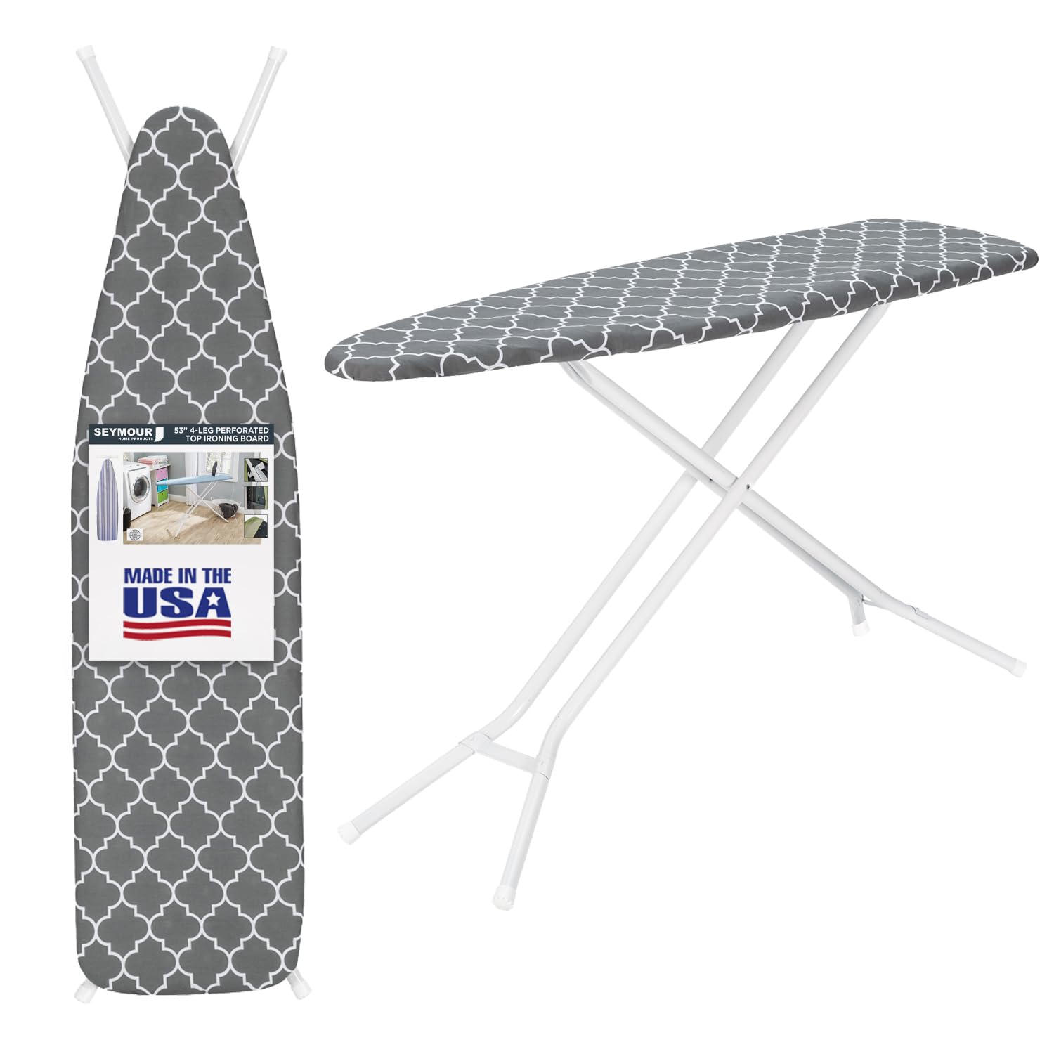 Ironing Board Full Size; Made in USA by Seymour Home Products (Grey Lattice). Includes Cover & Pad | Steel Frame, 4 Heavy Duty Legs for Extra Support | Diamond Cut Steel Mesh Top; Advanced Steam Flow
