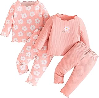 4 Piezas Conjunto para Niñas Pequeñas Primavera Manga Larga/Corta Color Sólido/Estampado Floral Camiseta y Pantalones Casual Verano Ropa de Casa