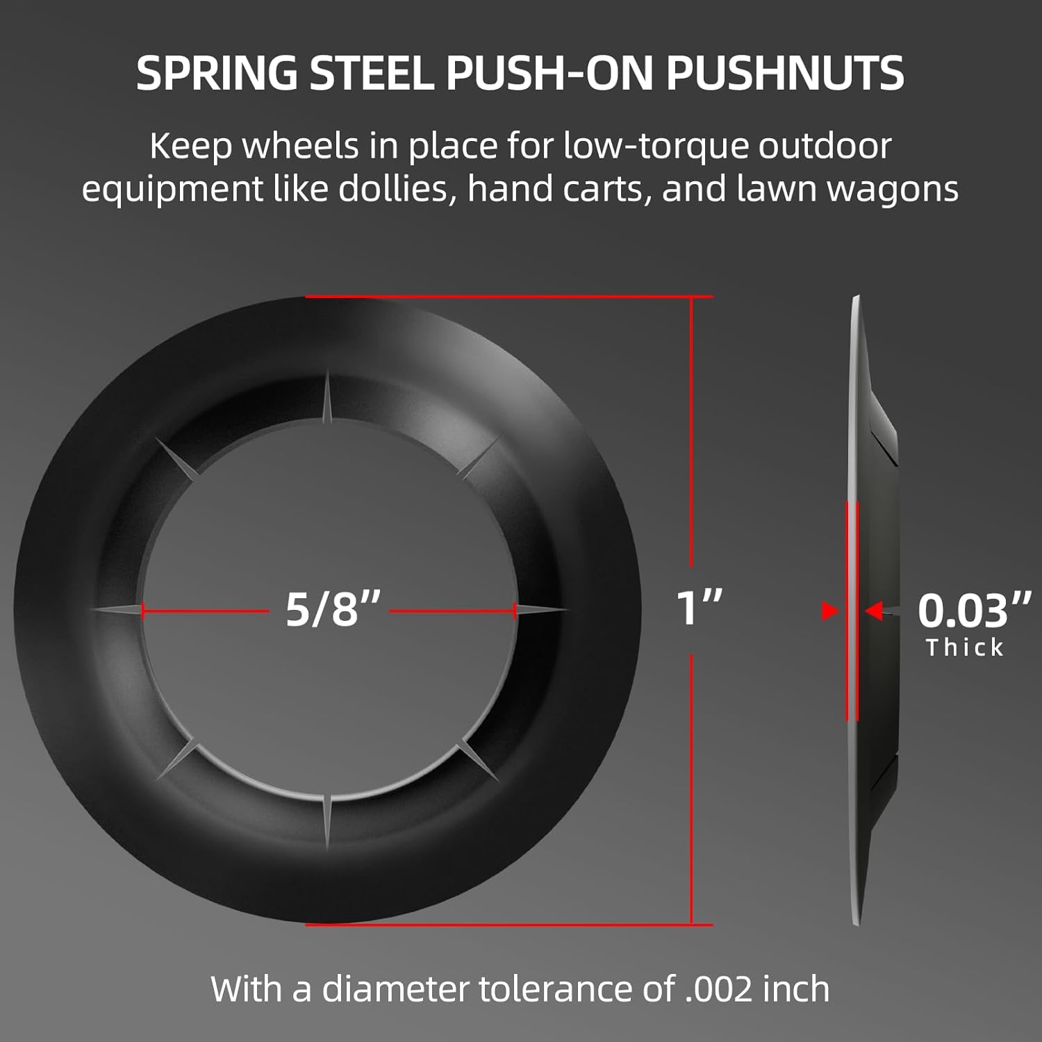 AR-PRO (8 Pack) Hard-to-Find Spring Steel Push-On Pushnuts - Dolly Wheel Lock Washers Fits 5/8" Dolly Axle Rods with Oiled Phosphate Finish