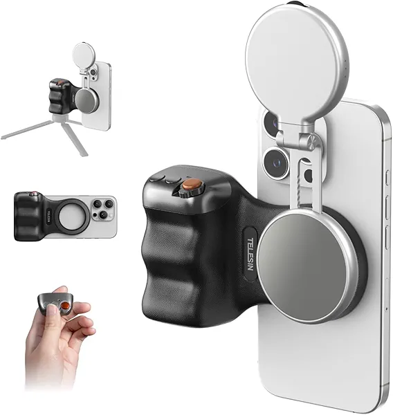TELESIN Fun Shot Magnetic Phone Camera Grip (Black)+ C03 Magnetic Selfie Light Bundle Kit Compatible with iPhone Magsafe & Android, Creator Kit for Selfies/Photography/TikTok/Zoom Calls/Video
