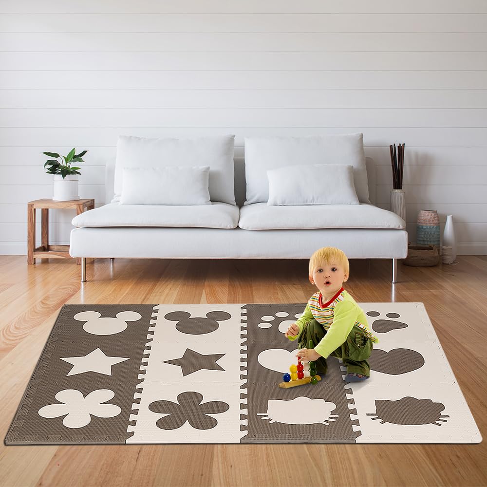 36 Tapis de Sol épais - Bébé et Enfant dès 0 Mois Dalles Puzzle Carré en Mousse EVA,avecétoiles, Fleurs, Coeurs, Chats, Coussin de Mousse de Couture, Sol de Puzzle, Tapis de bébé Anti-dérapant