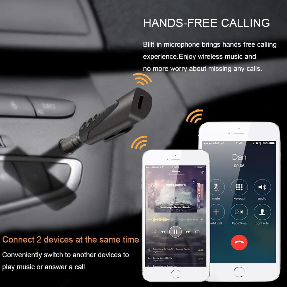 Bluetooth Receiver V5.0, Wireless Bluetooth Car Aux Adapter Hands-Free Car Kits Audio Bluetooth Receiver for Earphone, Car, Home Stereo Music Streaming Sound System 3.5 mm (Black)