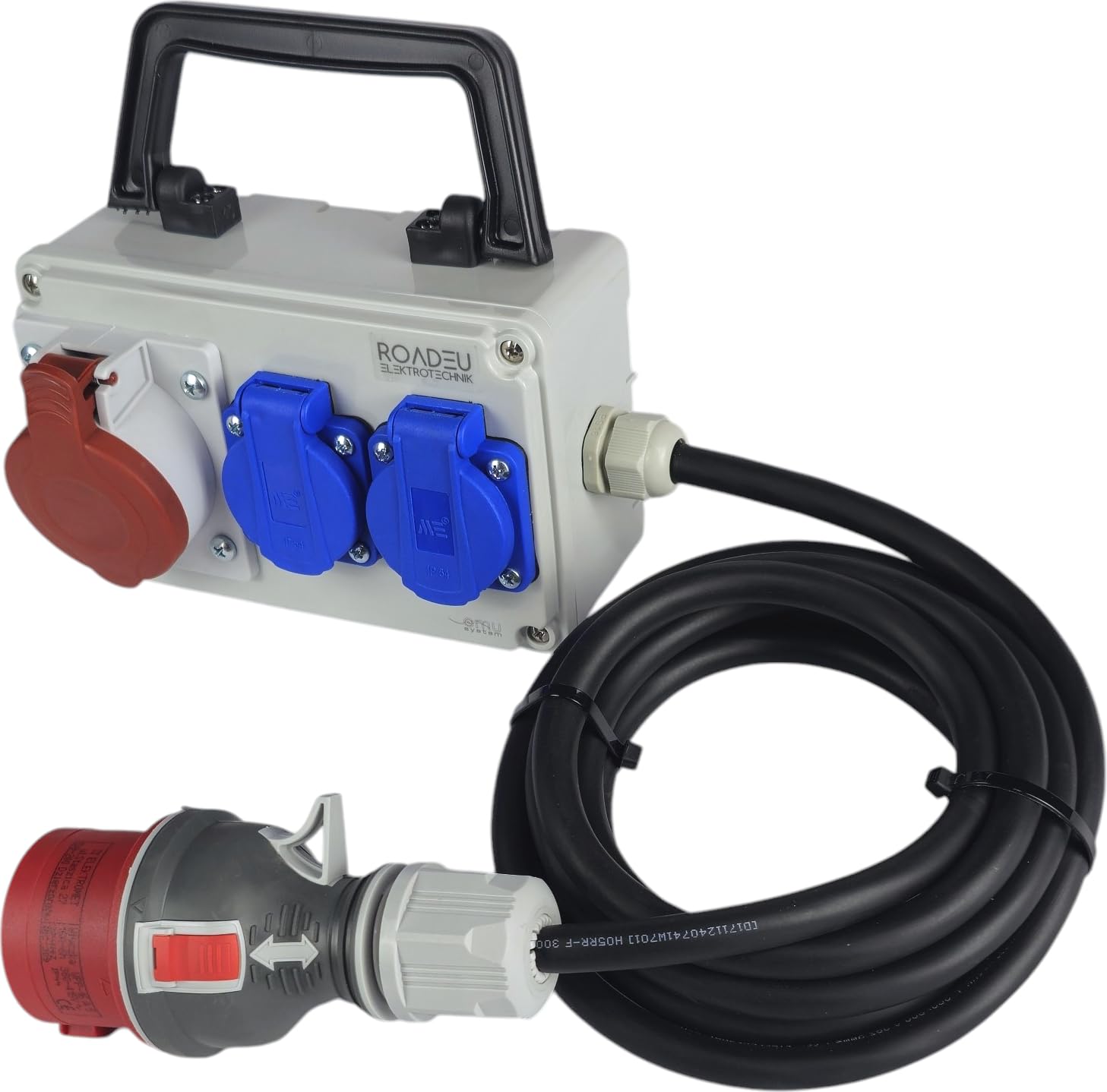 RoadEu - CEE Steckdose 16A und 2x Schuko Verteiler - Steckdosenverteiler - Stromverteiler 16A, Mobilverteiler - Stromkabel 10 meter - Baustromverteiler mit CEE Stecker 16A