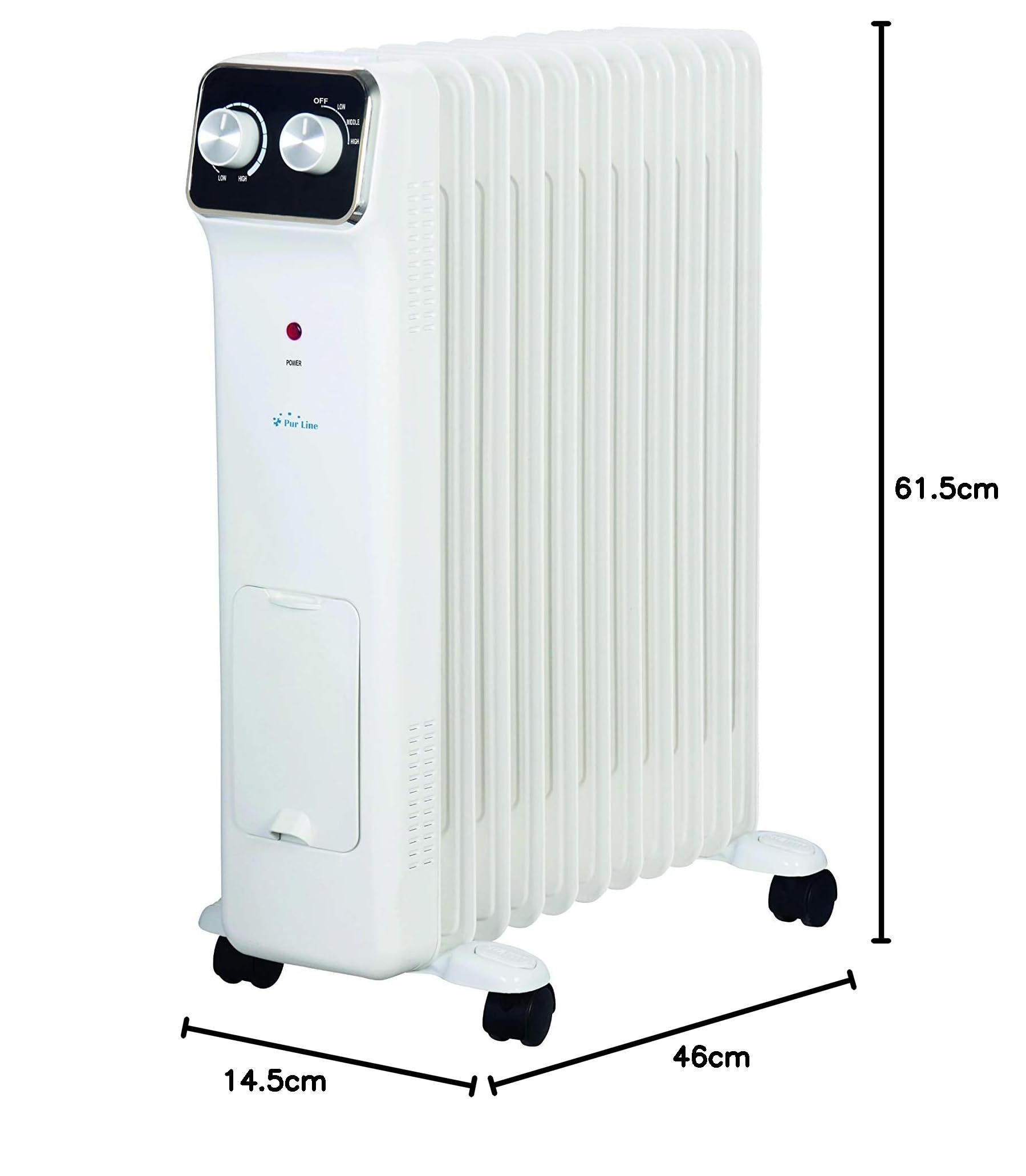 PURLINE | Radiador de Aceite 2500W, 11 Elementos, Termostato Ajustable, 3 Niveles de Potencia - Radiador de Aceite con Humidificador y Tendedero Integrados