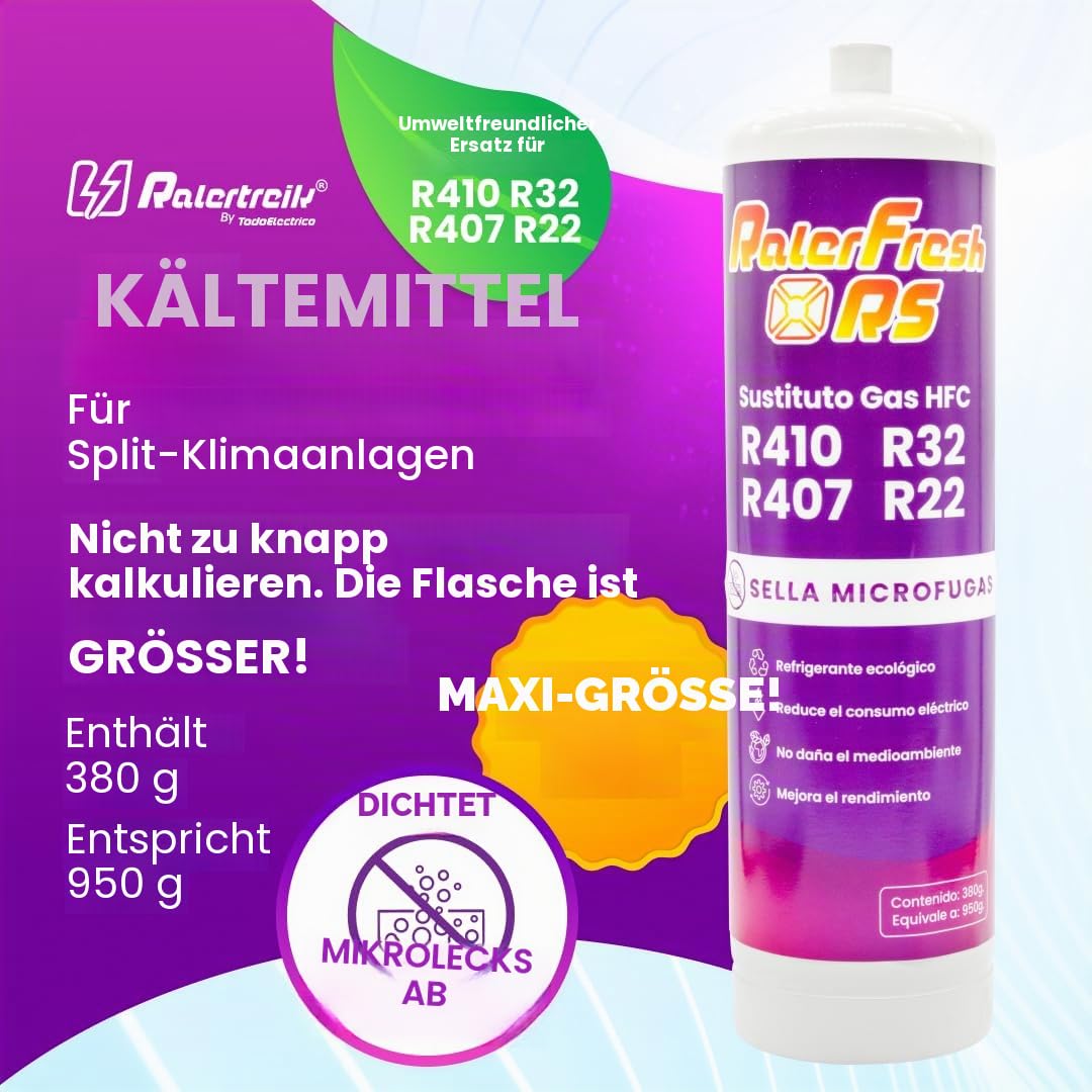 Ralerfresh RS Kühlgas Ersatz R410, R32, R407 und R22 Kühlmittel für Klimaanlagen Typ Split (Flasche + Manometer RF31 + Adapter)