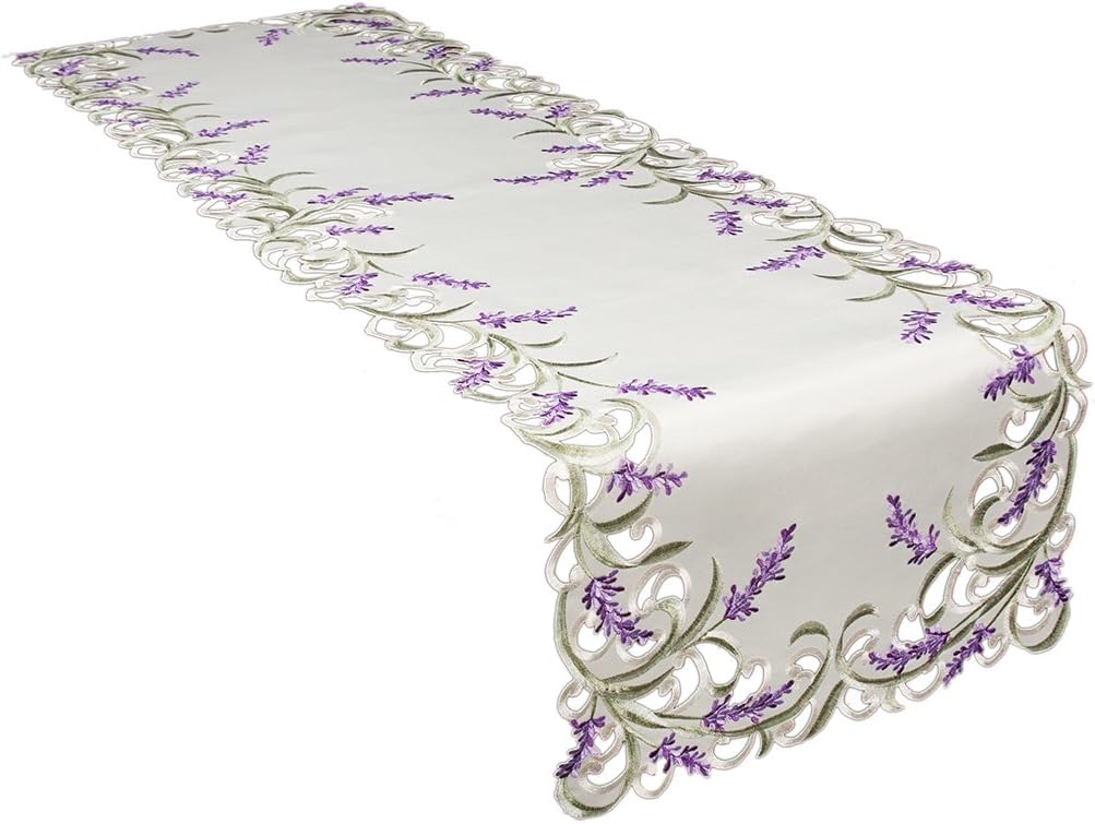 XD17107 Lavender Lace Embroidered Cutwork Table Runner, 15 by 70-Inch, Ivory