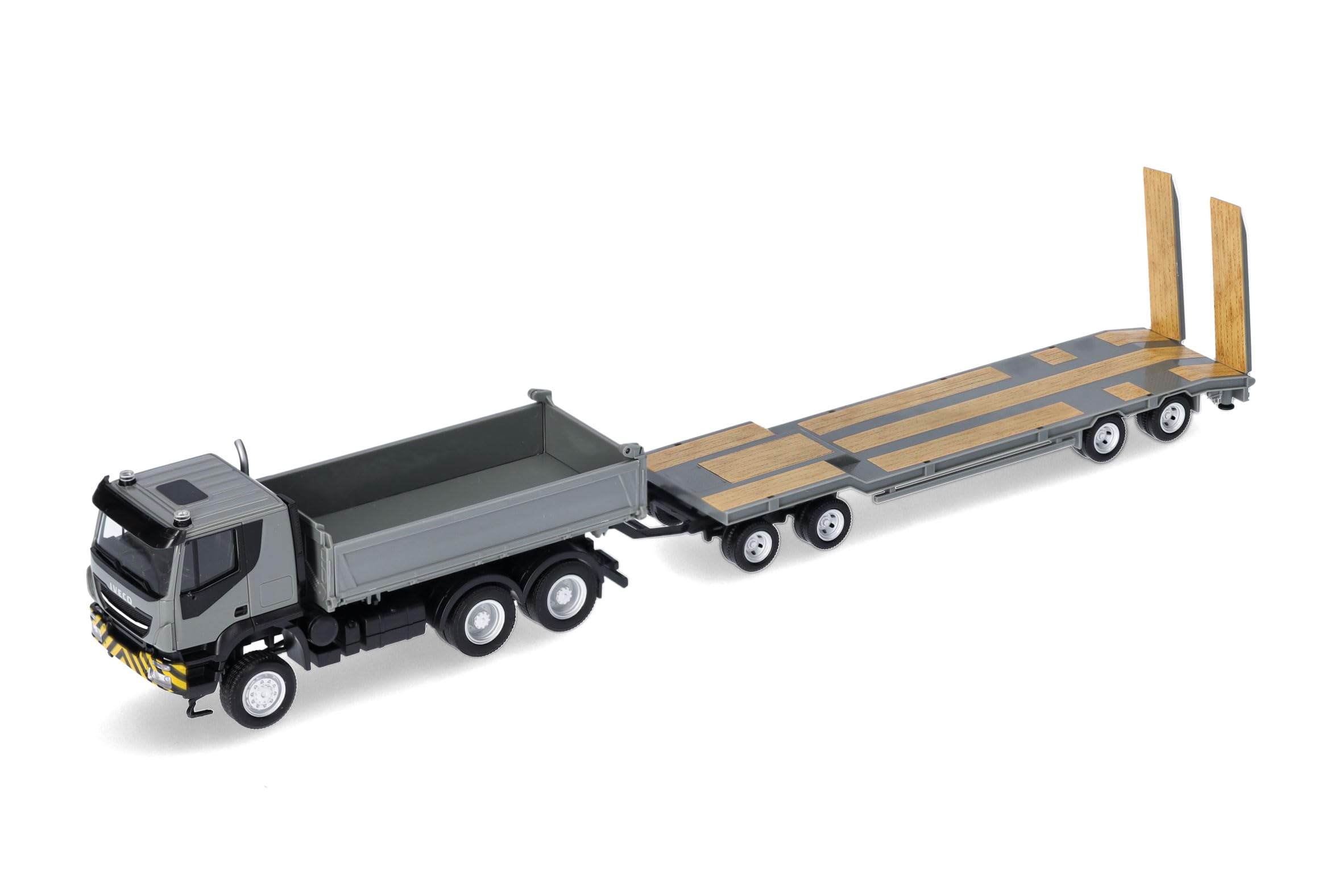 Herpa Maquette Camion Iveco Trakker 6x6 Kipper-LKW mit TU4-Anhänger, Grau/Gelb, échelle 1/87, Model Allemand, pièce de Collection, Figurine Plastique
