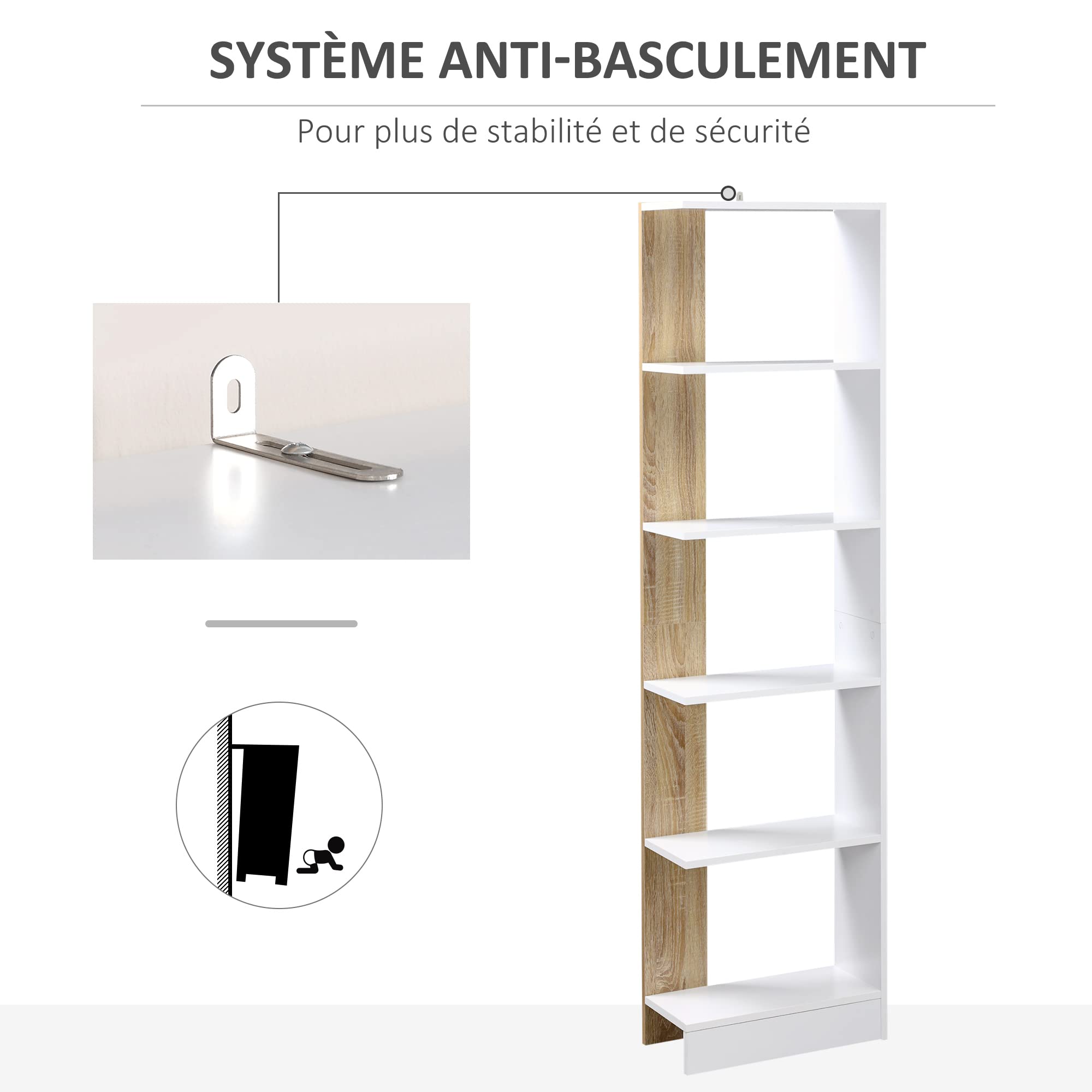 HOMCOM Bibliothèque Étagère de Rangement 45 x 21 x 170 cm Blanc et Chêne | 5 Compartiments Ouverts, Design Simple Moderne, Idéale pour Salon Chambre Bureau