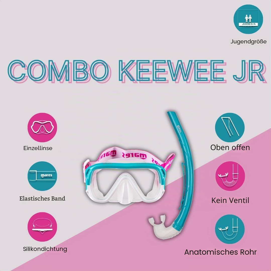 Mares Combo Keewee Junior – Schnorchelset Kinder 8–14 Jahre, Einzellinsenmaske aus Silikon, ergonomischer Schnorchel mit Silikonmundstück