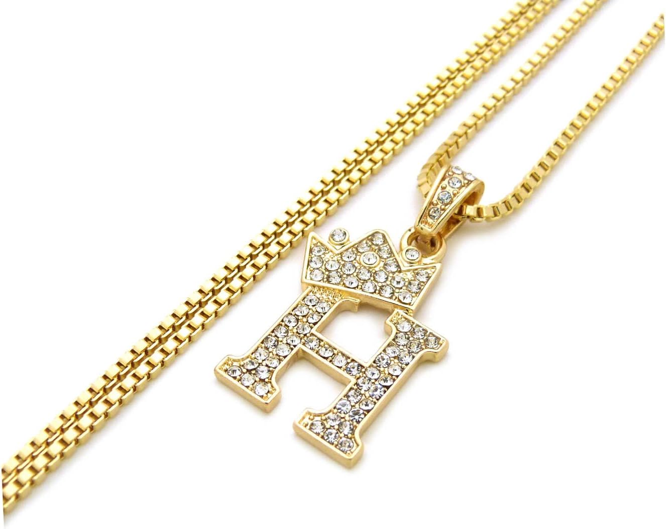 Fashion 21 Unisex Small Size Pave Initial Alphabet Letter Pendant 24" Box Chain Necklace & Earring Set (H Set/Gold)