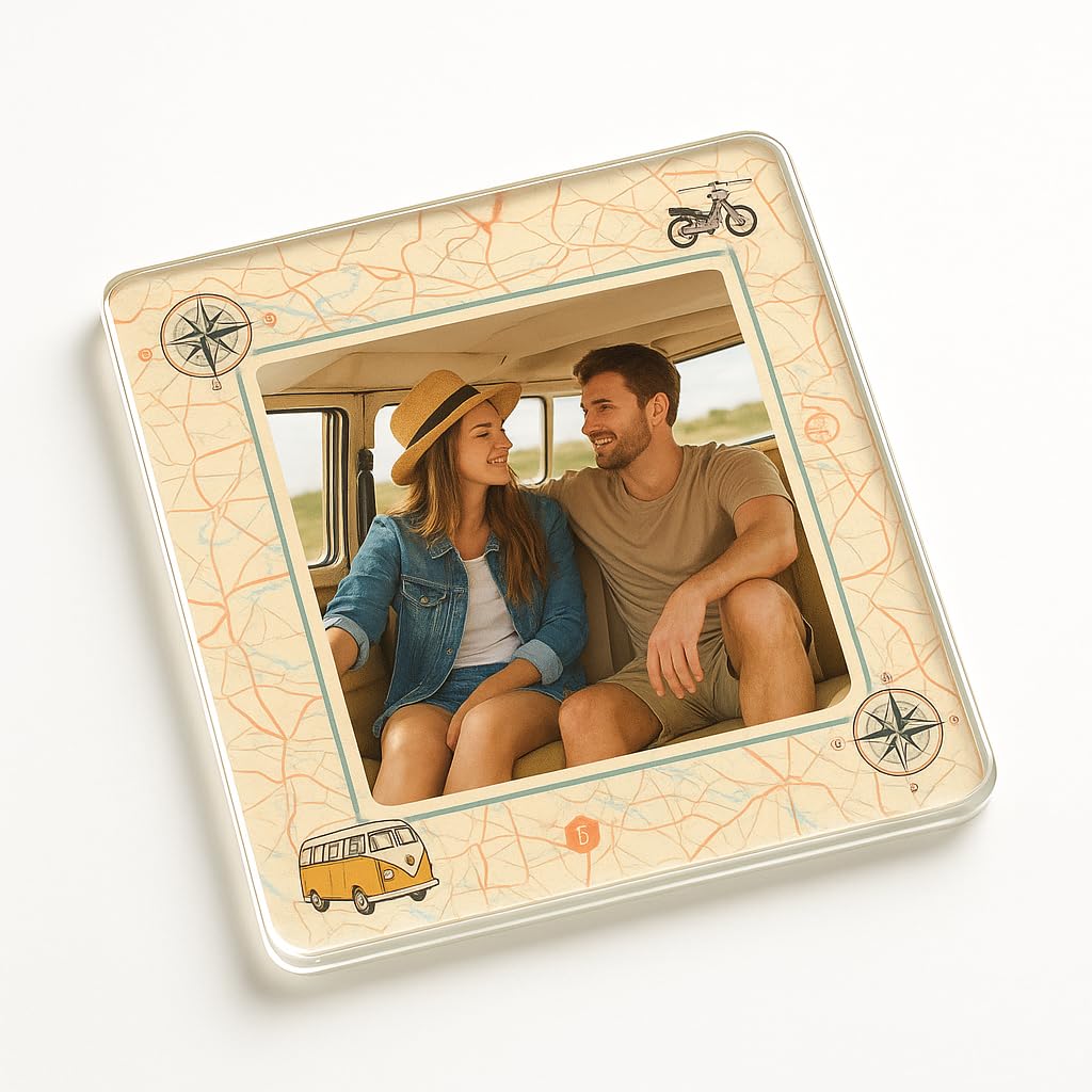 The Plum Penguin Road Trip Acrylic Coaster Gift With Custom Travel Photo Frame - Wanderlust Mapster Decor For Adventure Lovers