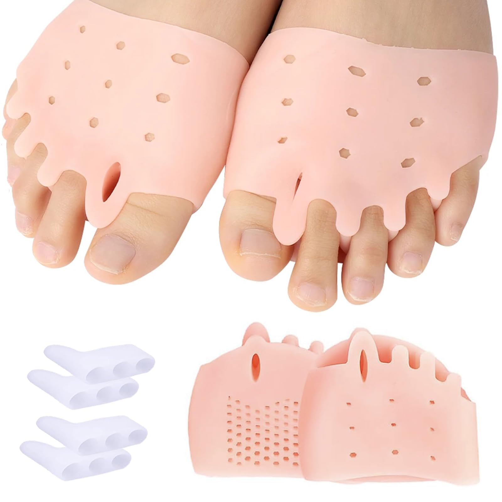 2 Pares Separador Dedos Pie y 2 Pares Almohadilla De Gel Para El Metatarso, Material De Gel Suave, Separador de Dedo Pequeño Tres Agujeros, Gel Correctores de Dedos de Pie, Alivia El Dolor Del Antepié