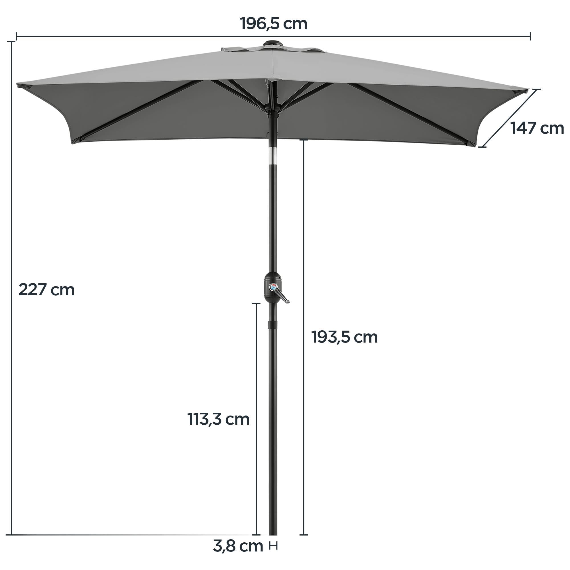 Yaheetech Sombra Amplia Rectangular 227 cm con Ajuste Solar, para Jardín, Terraza, Balcón, Playa - Incluye Manivela, Resistente al Viento, Fácil Instalación Gris - 4