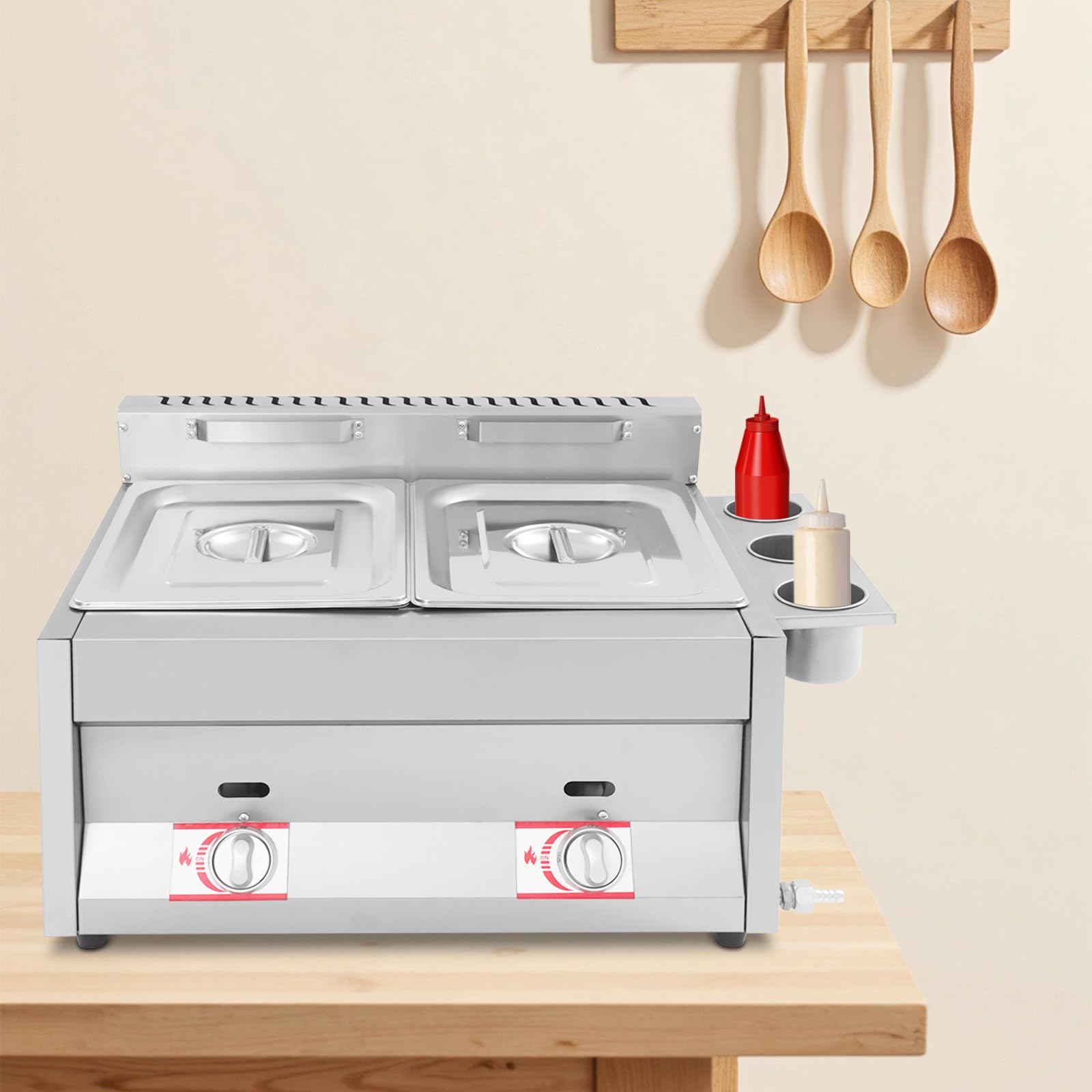 Freidora de gas doble, acero inoxidable, con dos recipientes de 6 L y cesta, rango de temperatura de 50 – 380 °C, freidora de gas con 3 vasos de especias para hogares, restaurantes, bares de comida
