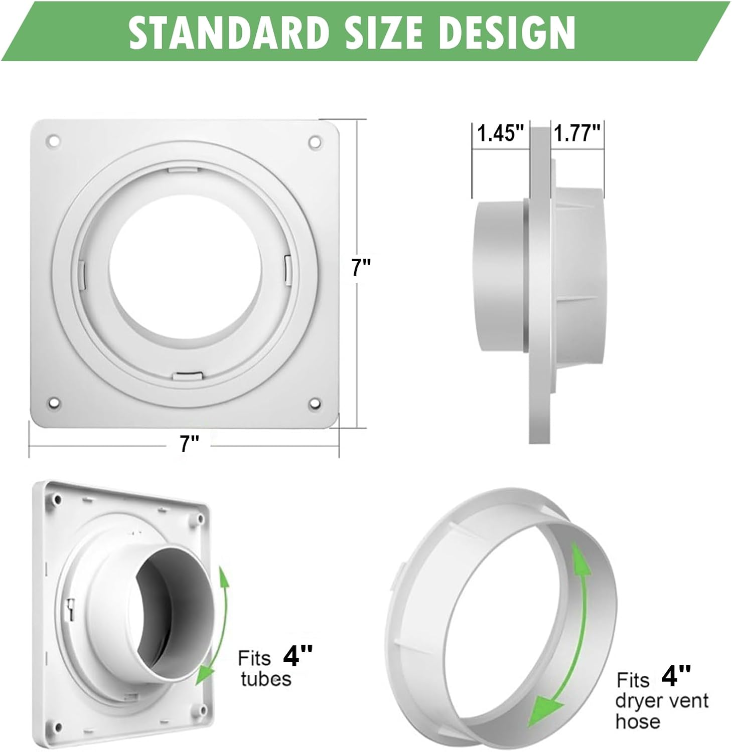 Dryer Vent Wall Plate with Quick Connect, Dryer Vent Connector Kit Covers Fits 4“ Dryer Vent Hose, Twist Lock Dryer Duct Connector Kit, Cover Area 7" x 7", for Wall Exhaust Vent Bathroom