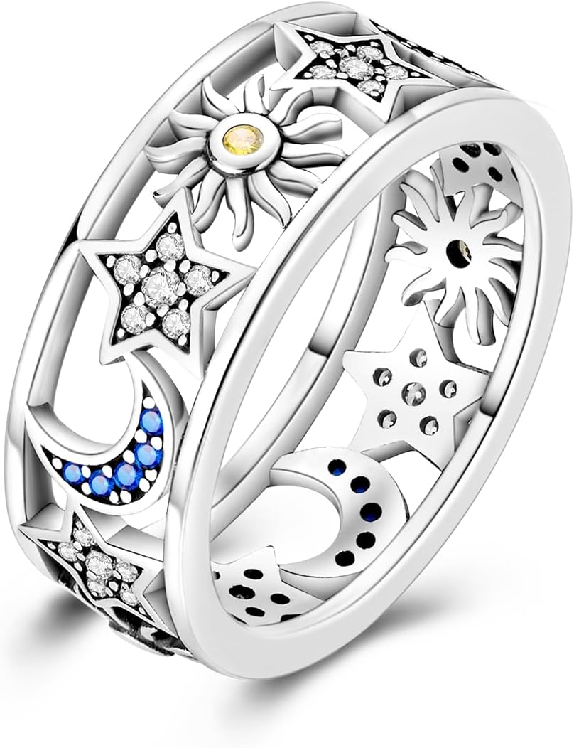 Hapour925 Sterling Silver Wedding Band Eternity Rings for Women & Girls | Cubic Zirconia Hollow Design Sun Moon Star Theme | 8mm Wide, Hypoallergenic, Minimalist & Lightweight