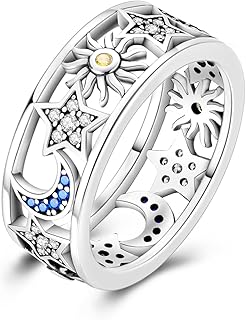 925 Sterling Silver Wedding Band Eternity Rings for Women & | Cubic Zirconia Hollow Design Sun Moon Star Theme | 8mm Wide, Hypoallergenic, Minimalist & Lightweight