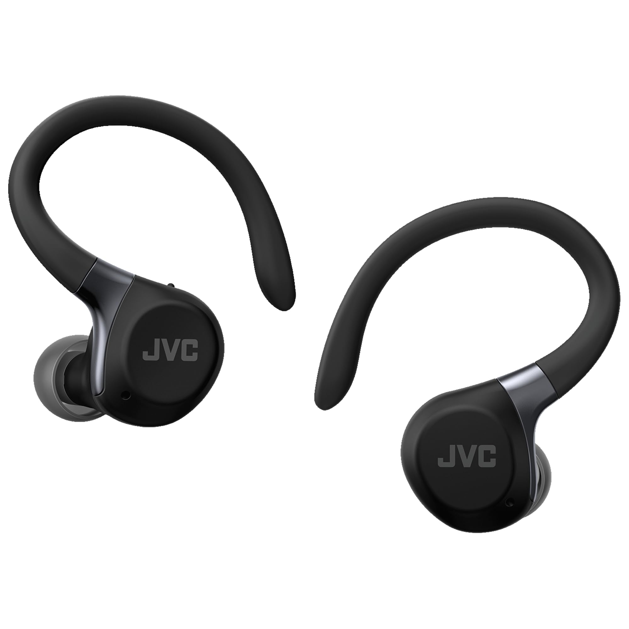 JVC Auriculares Inalámbricos Deportivos HA-EC75T, Ganchos Ajustables, 40h Batería, Cancelación de Ruido + Modo Ambiente, Resistencia IP57, Baja Latencia, Micrófono – Negro | Conciencia del entorno, gancho flexible seguro, sonido claro AAC, control táctil,