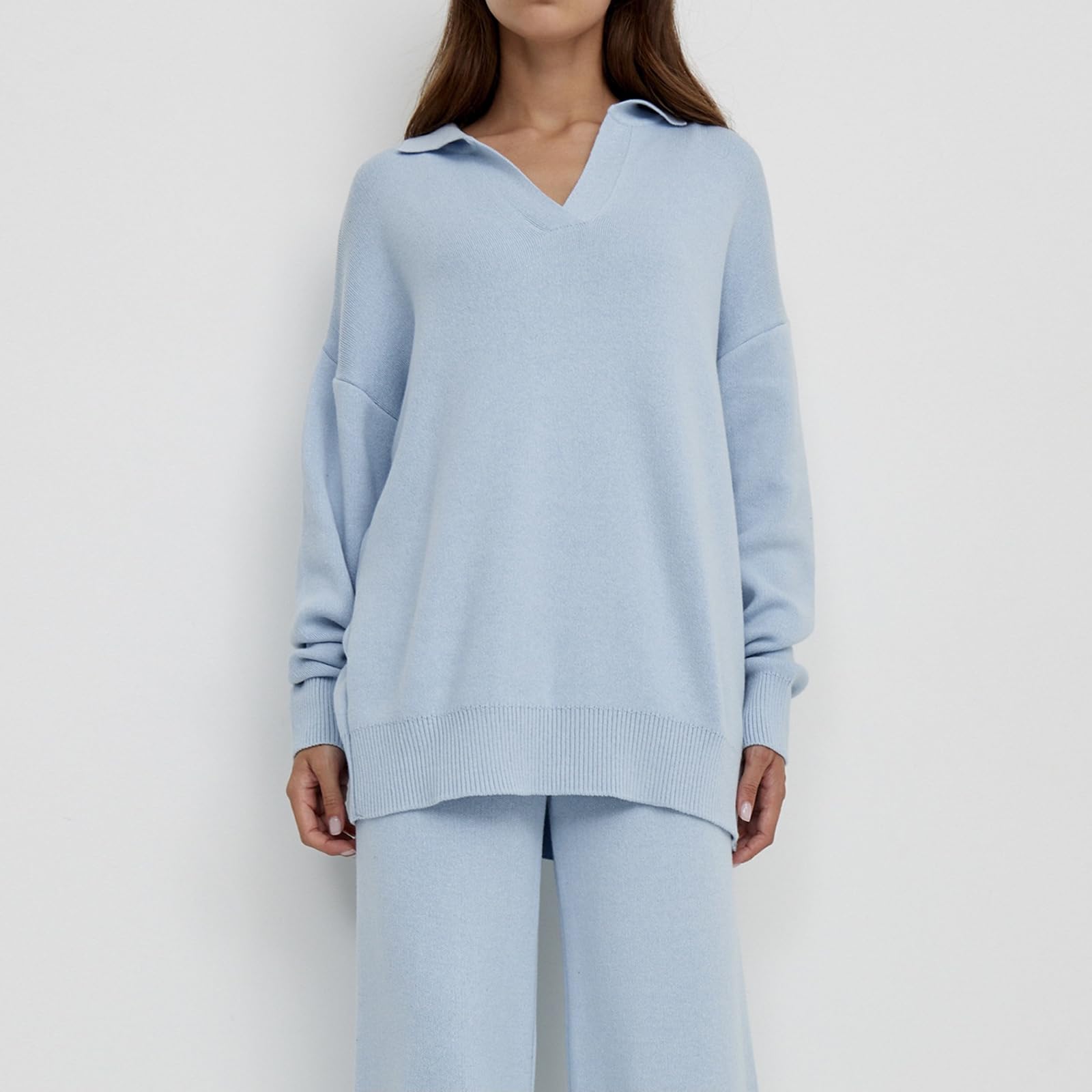 Damski Kombinezon Z Dzianiny Na Jesień I Zimę, Sweterek, KołNierzyk Polo, Sweter Dzianiny, Spodnie Szerokimi Nogawkami, DwuczęśCiowy Komplet,Light blue,L