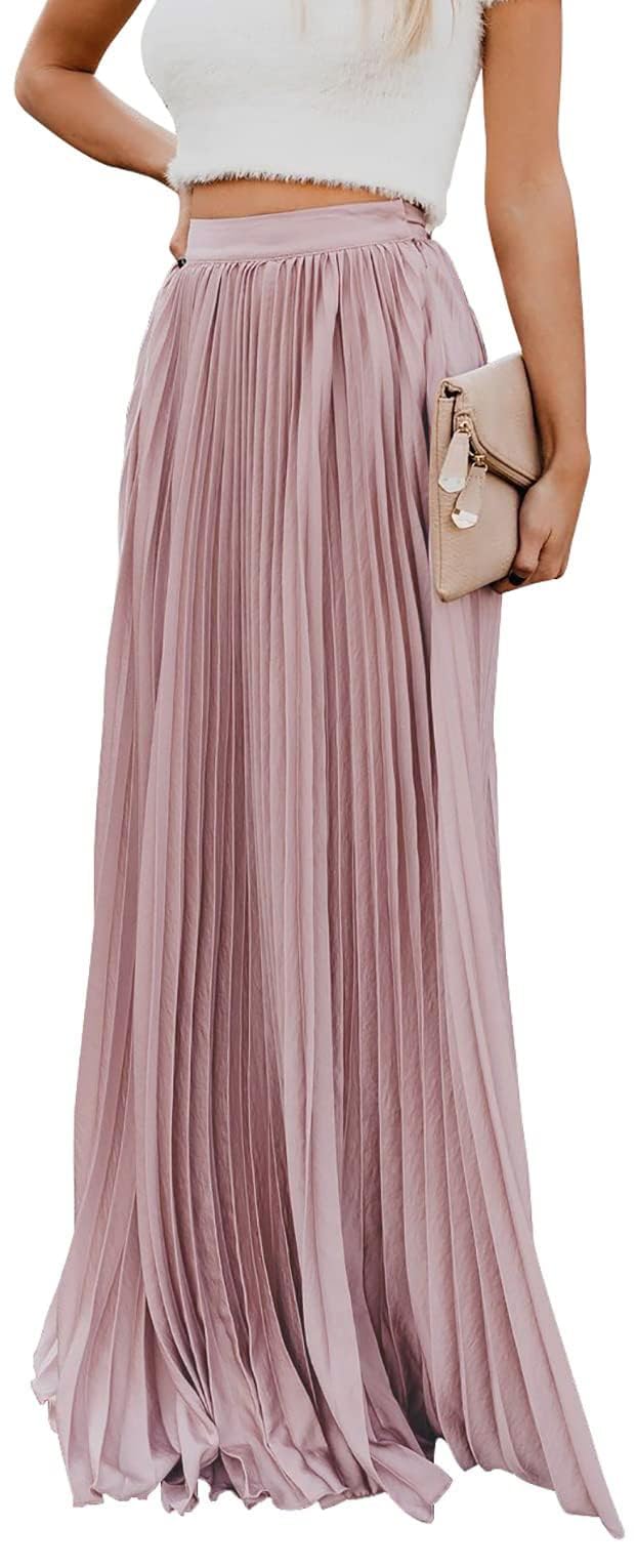 ebossy Women's High Waist Flowy Pleated Chiffon Maxi Skirt - Pink - Large