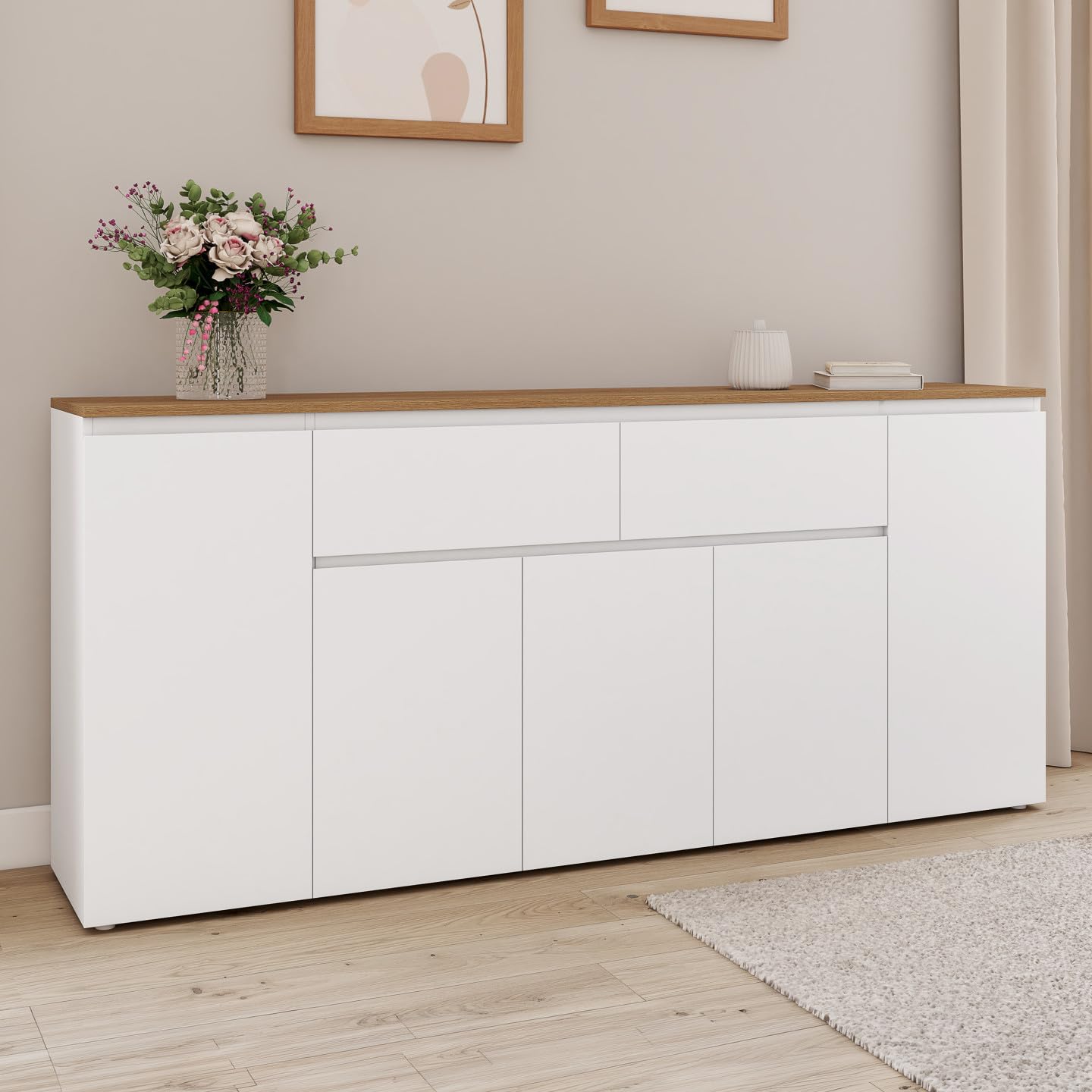 IDMarket - Aparador de 180 cm Toby 5 puertas y 2 cajones, color blanco y tablero de madera