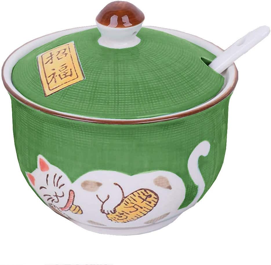 Ceramic Japanese Lucky Cat Sugar Bowl Salt Storage Jar with Lid and Spoon