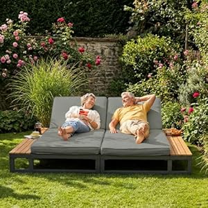 Merax Outdoor Patio Daybed – Multifunktionales, wasserdichtes Sofabett, Doppel-Liegebett mit Regalen, verstellbare Rückenlehne, Sun Lounger für Terrasse, Garten & Balkon – Grau