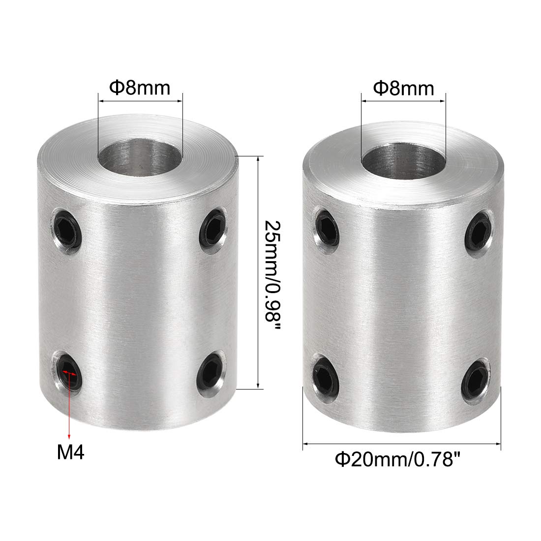 sourcing map 4Stk.8mm bis 10mm Bohrung Starrer Kupplungs-Stellschraube L25XD20 Aluminiumlegierung Wellenkupplungsverbinder Motorzubehör
