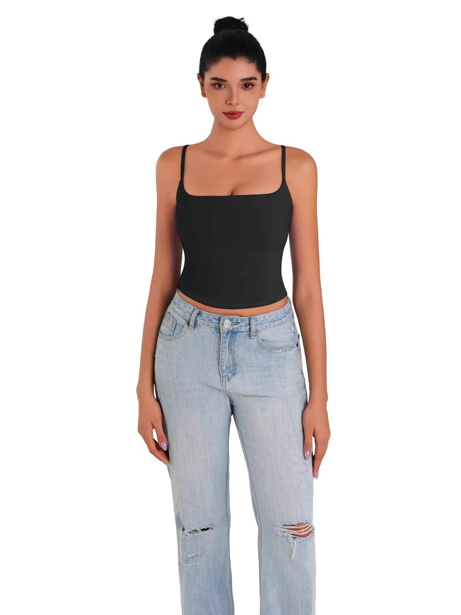Sunzel Camiseta sin mangas con tirantes delgados para mujer, camisola de doble forro con cuello cuadrado, camiseta de verano para salir, básica