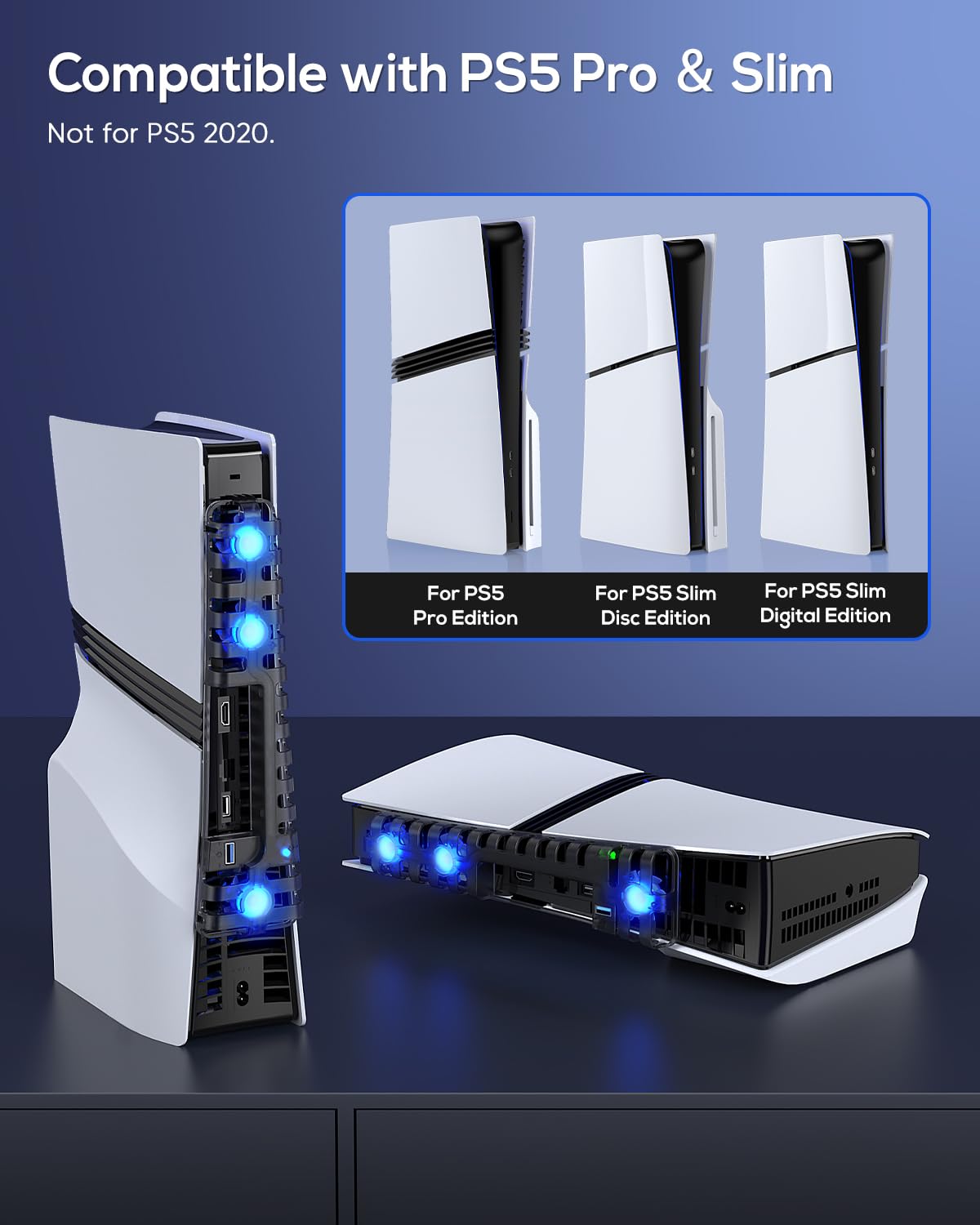 Ventola di raffreddamento automatica per PS5 Pro/PS5 Slim, porta USB 3.0, regolabile a 3 velocità, con luce LED, funzione di memoria, sistema di raffreddamento silenzioso ed efficiente per PS5