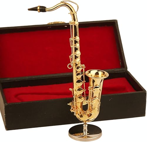 Miniatura 14 de Saxofón en miniatura con soporte y estuche de latón, réplica de mini instrumentos musicales, figuras coleccionables, accesorios de casa de muñecas