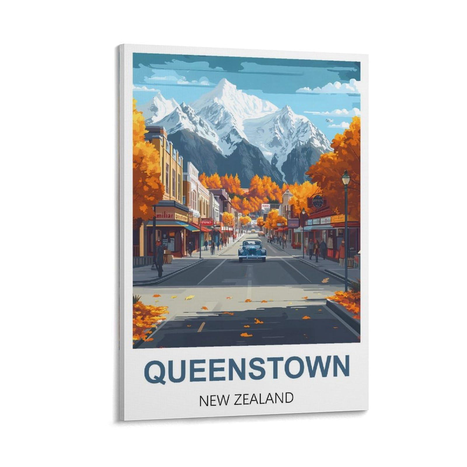 Fjiwecwsq Frame-Style Queenstown New Zealand Vintage Travel Poster 08X12inch(20X30cm) Canvas Wall Art Painting Prints