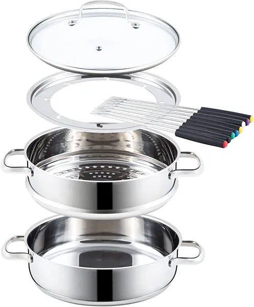 Nuwave Design-18/8 Stainless Steel Cookware,Free of PTFE PFOA PFOS,Fondue Pot Set,Works On All Cooktops and Induction Cooker,Include Pot,Steamer Basket,Glass Lid and 8 Fondue Forks,10 -Yeär Wärranty, 3.5Qt Pot, Silver