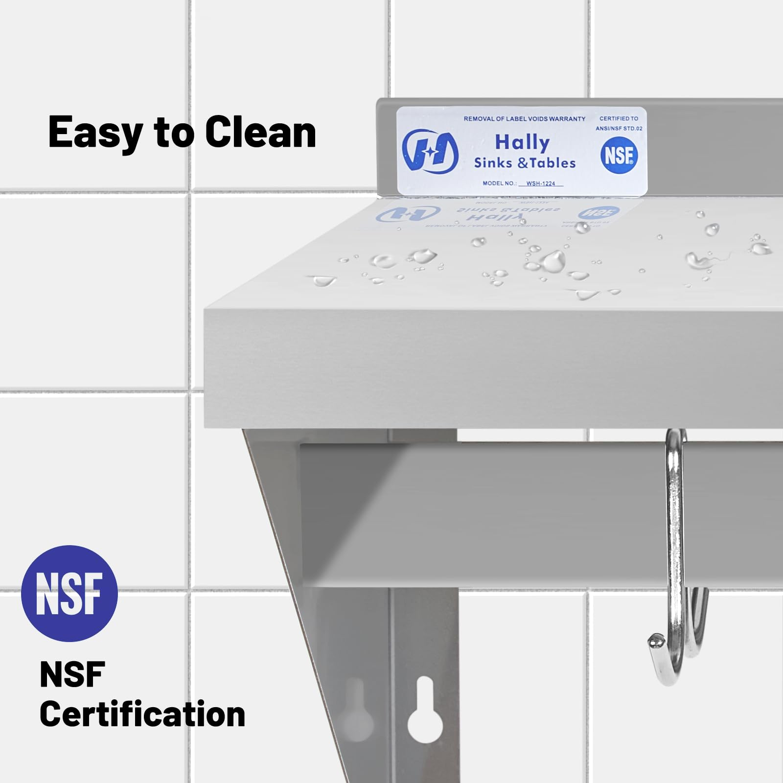 HALLY Étagère murale en acier inoxydable avec 6 crochets 30,5 x 121,9 cm, étagère flottante commerciale NSF pour le rangement de casseroles, poêles, ustensiles de cuisine dans le restaurant, la