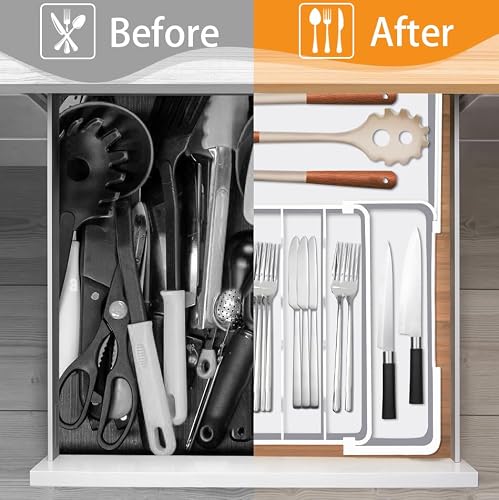 Homecor Silverware Drawer Organizer, Adjustable Kitchen Drawer Organizer, Expands from 4 to 7 Slots, Non-Slip BPA-Free Flatware Cutlery Utensil Holder for Forks Knives Spoons and Kitchen Utensil,White — view 6