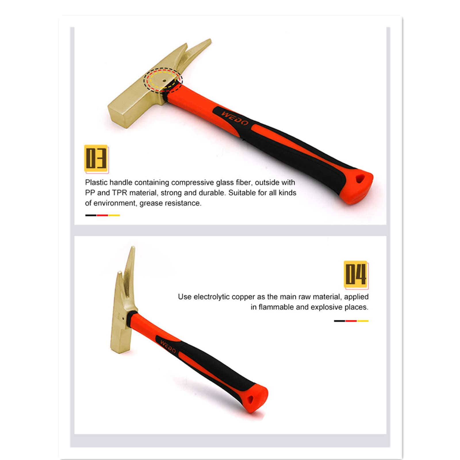 WEDO Martillo de carpintero sin chispas, Herramientas, Martillo de seguridad sin chispas, Bronce de aluminio, Estándar DIN, Certificado BAM y FM, 500 g x 300 mm