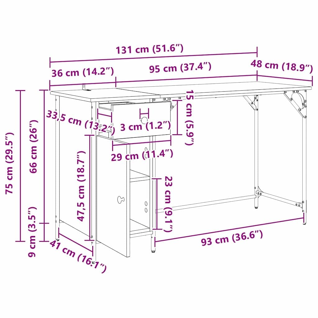Scrivania per computer in rovere Artisan, 131 x 48 x 75 cm, in legno con cassetto, vano portaoggetti, per casa, ufficio, gaming, postazione di lavoro, ergonomica e salvaspazio