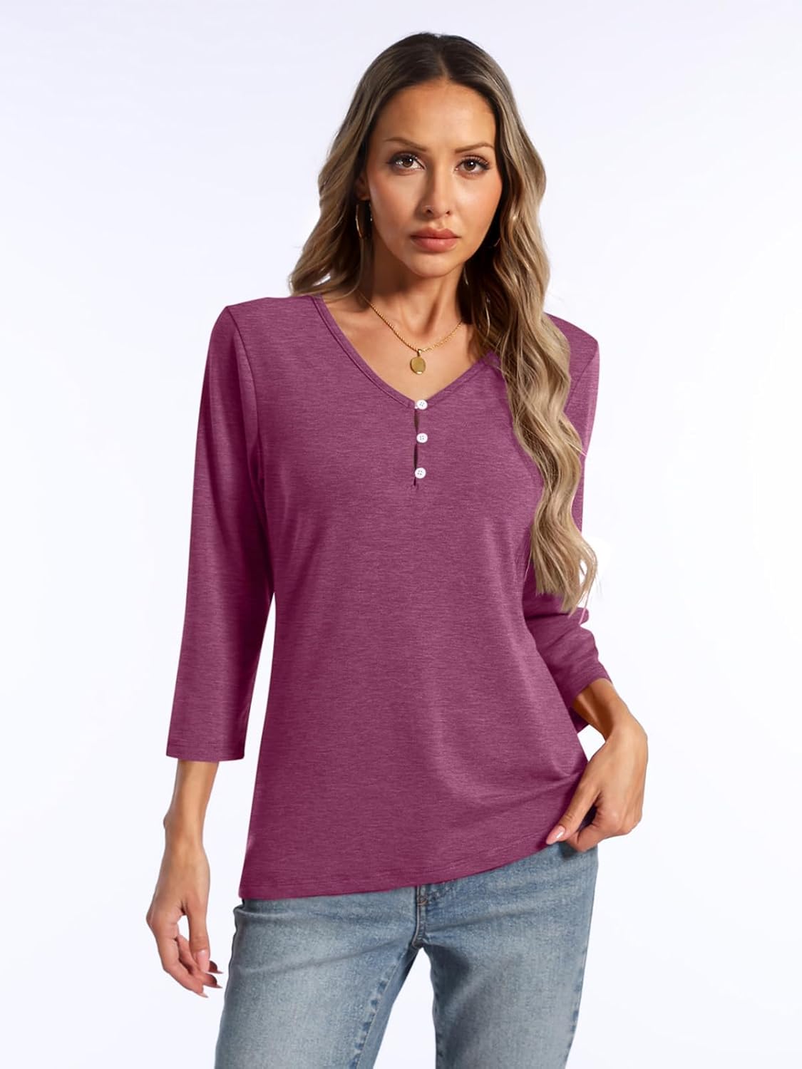 PGANDS Women's 3/4 Sleeve V Neck T Shirts Casual Lightweight Button Tops - Image 5