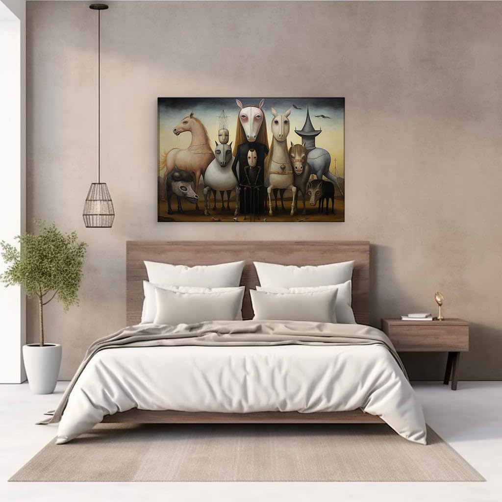 Canvas for Living Room. Mystery in Desolation: The Surreal Dance of Figure and Horses Under a Brooding Sky, 27 x 18 inch Canvas Wall Art - Contemporary Masterpieces - Nature Home Decor